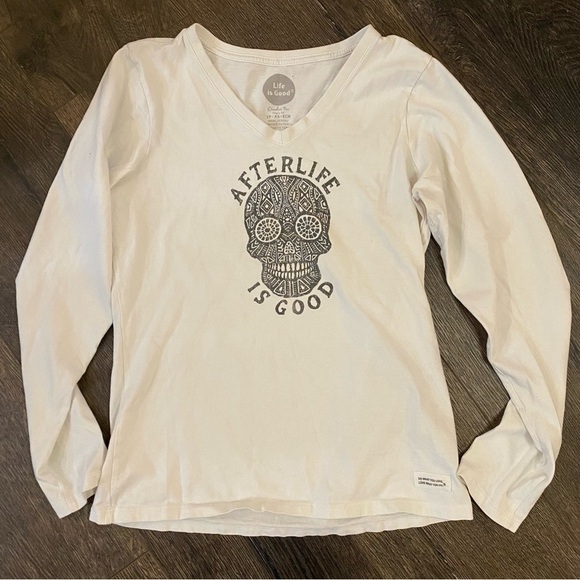 Life is good Womens XS v neck long sleeve graphic tee top - Picture 1 of 7